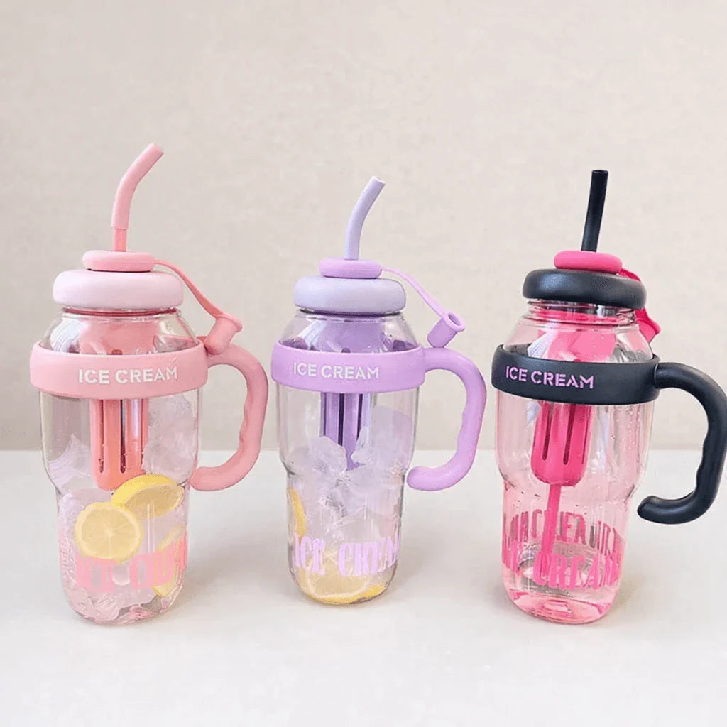 Ice Cream Straw Sipper Bottle – Kids Leakproof Water Cup with Handle