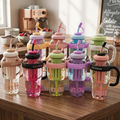 Ice Cream Straw Sipper Bottle – Kids Leakproof Water Cup with Handle