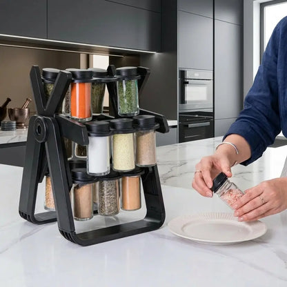 18 Jar Rotating Spice Rack – 360° Kitchen Masala Organizer (18 Glass Bottles)